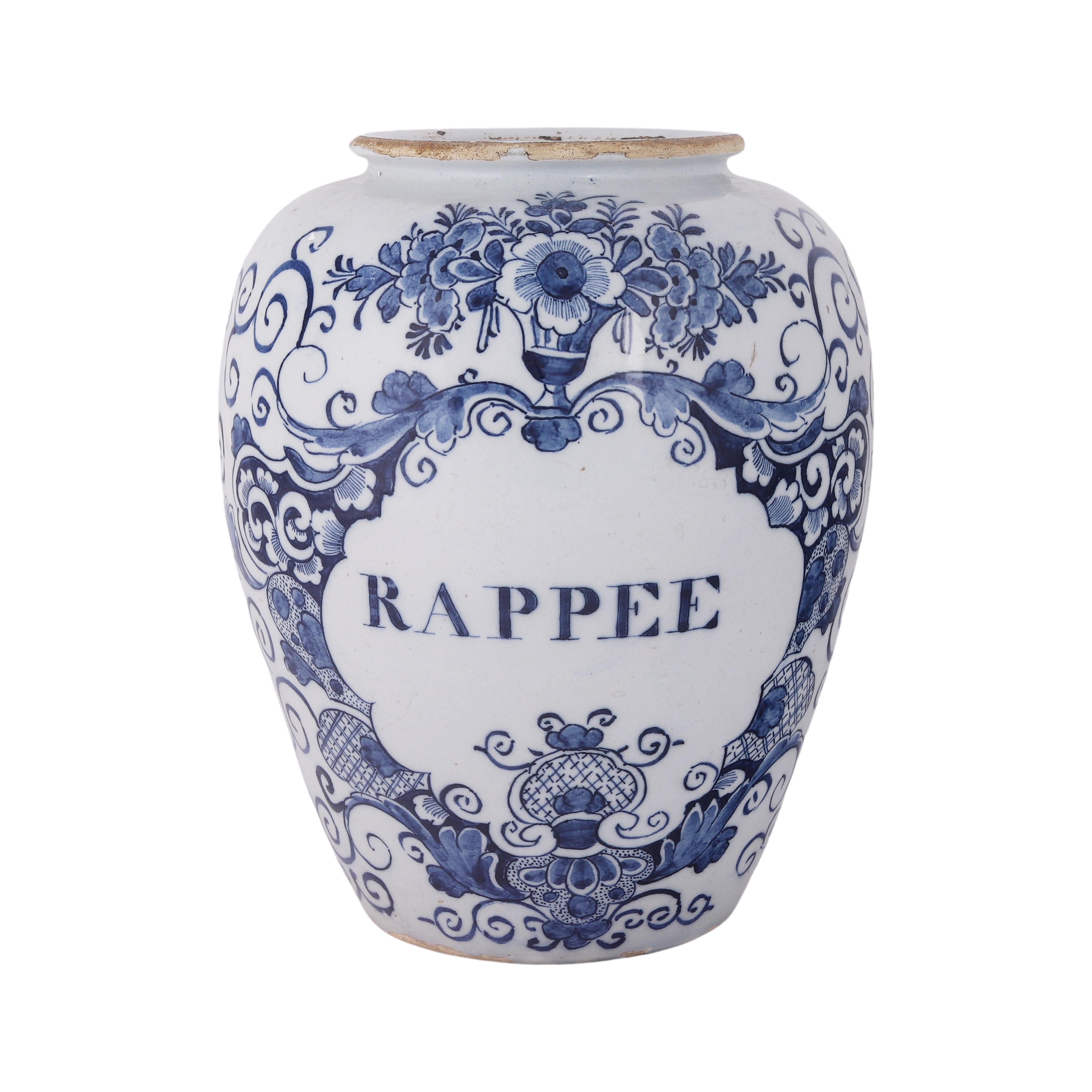 Rococo Pot à tabac de Delft : Rappee, 18ème siècle en vente