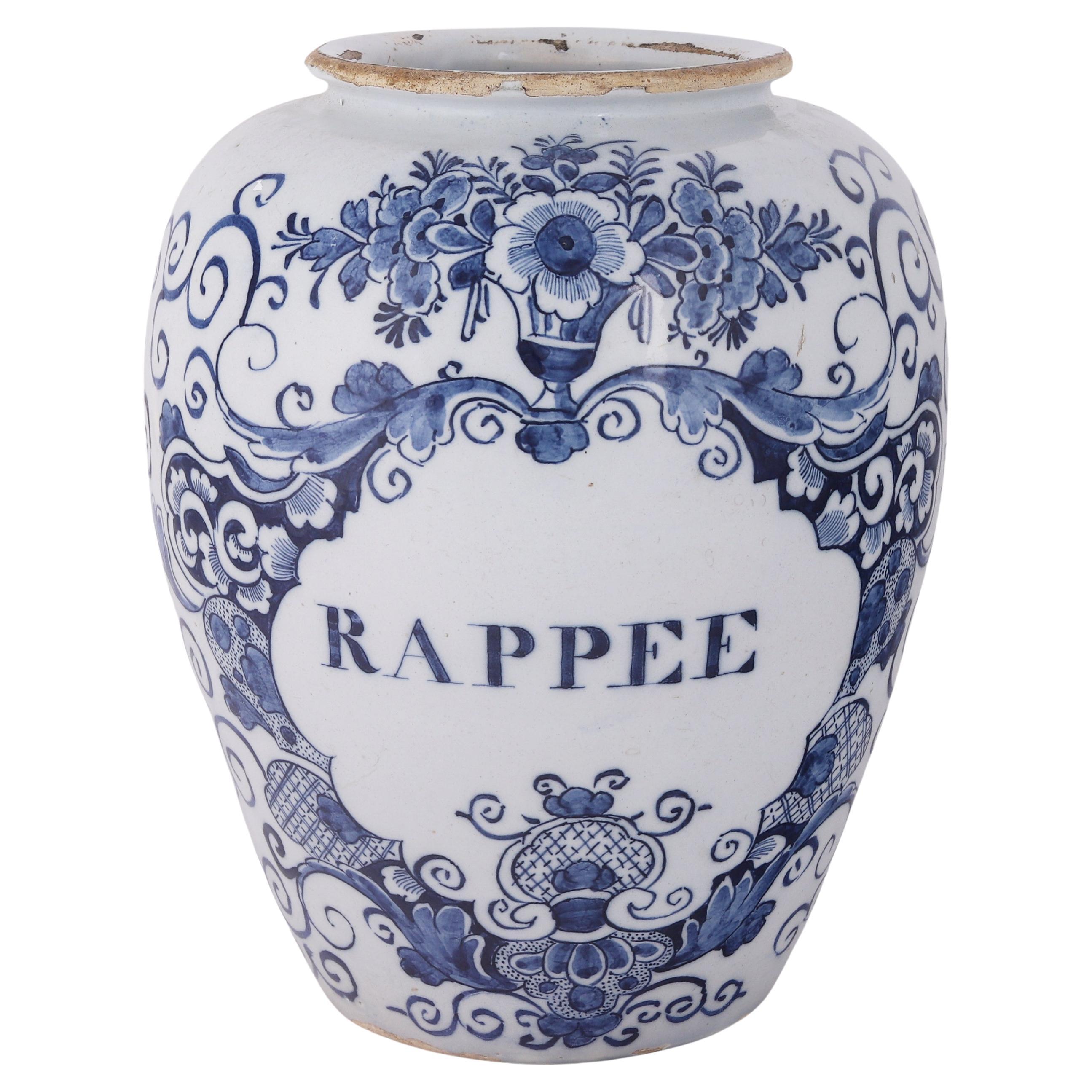 Bote de tabaco holandés de Delft: Rappee, Siglo XVIII