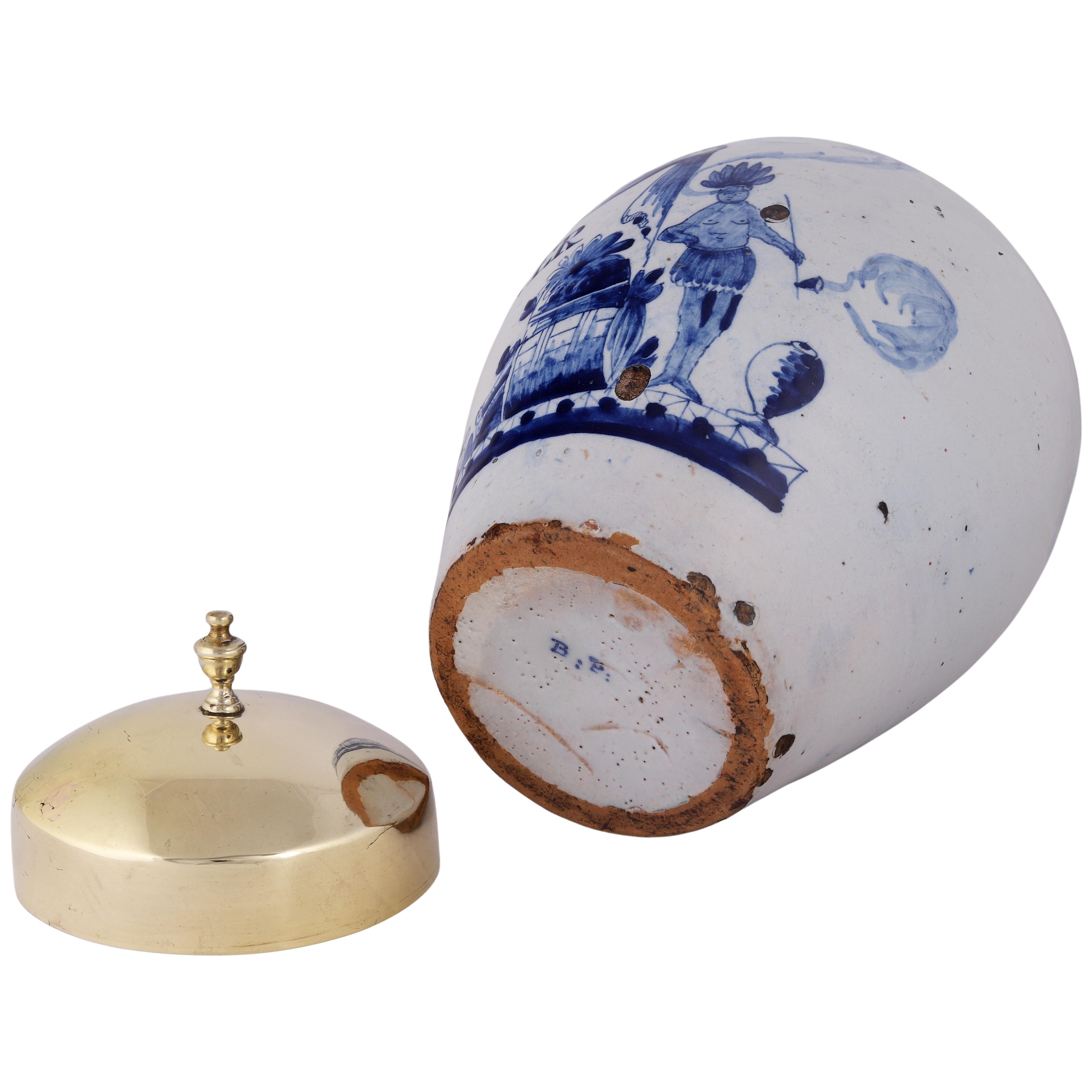 JAR à tabac Dutch Delft avec couvercle en laiton d'origine : Hanover, 18e siècle Bon état - En vente à AMSTERDAM, NH