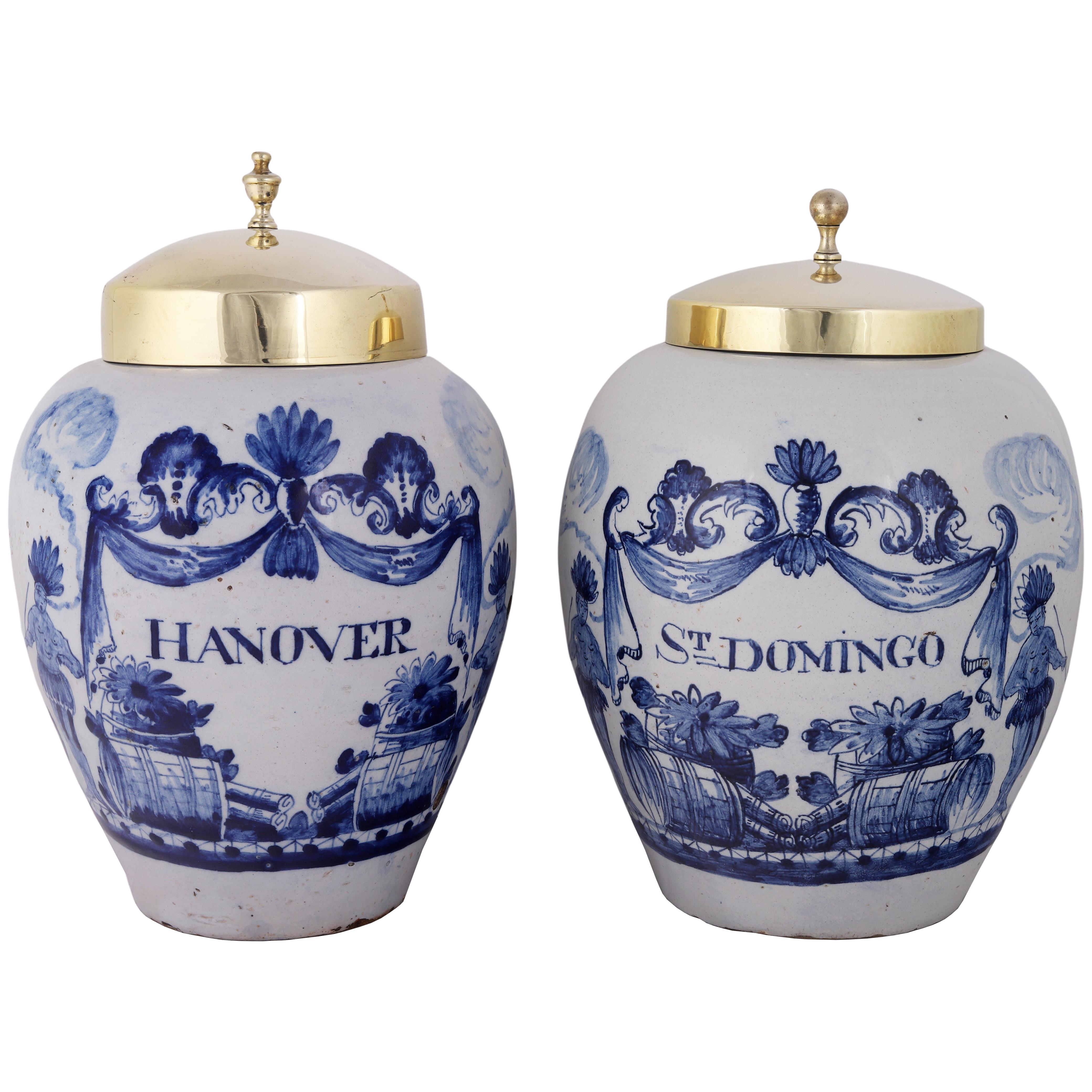 Fin du XVIIIe siècle JAR à tabac Dutch Delft avec couvercle en laiton d'origine : Hanover, 18e siècle en vente