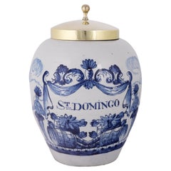 Dutch Delft Tobacco JAR mit Original Messingdeckel: St. Domingo, 18. Jahrhundert
