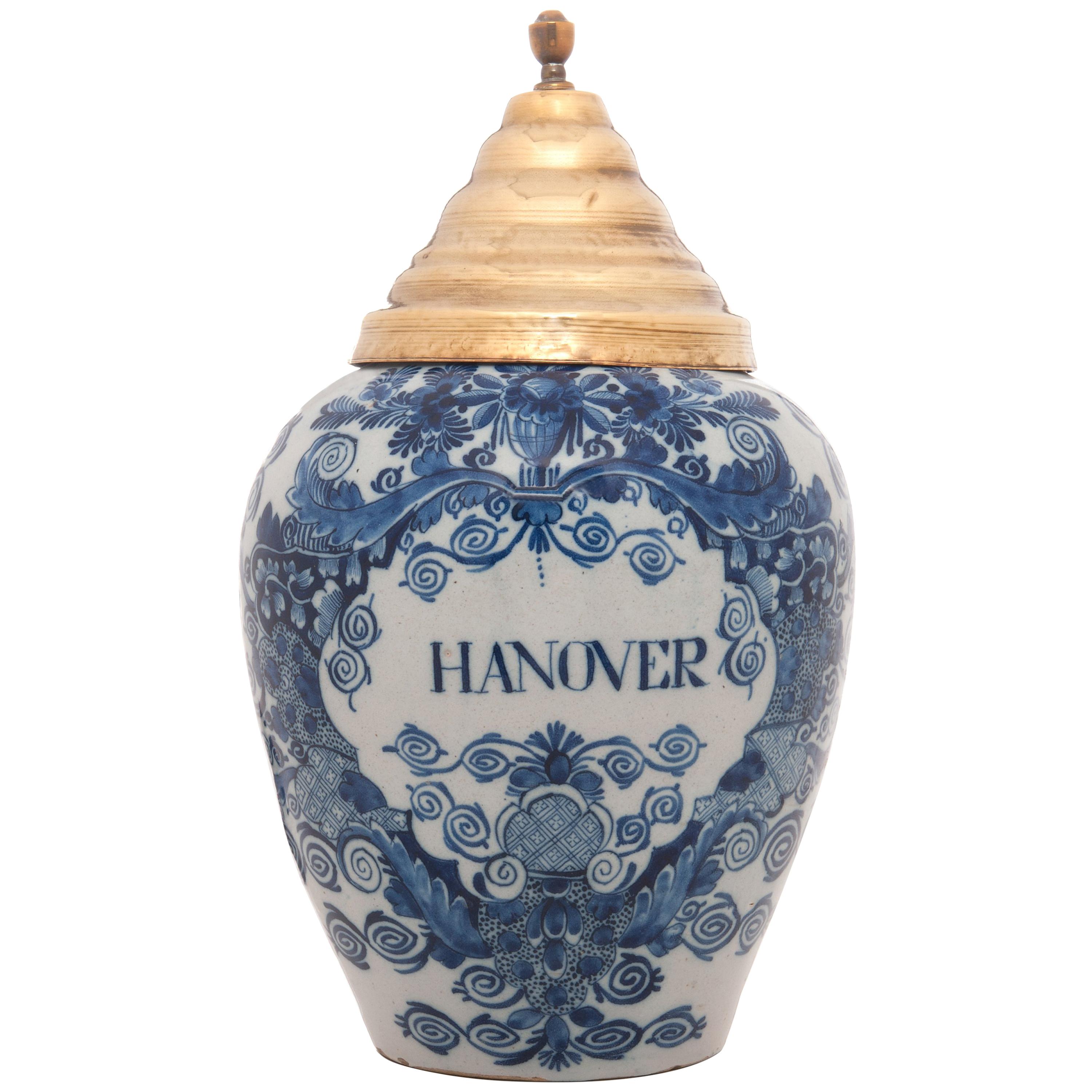 Dutch Delft Tobaccojar 'Hanover' with Brass Cover For Sale