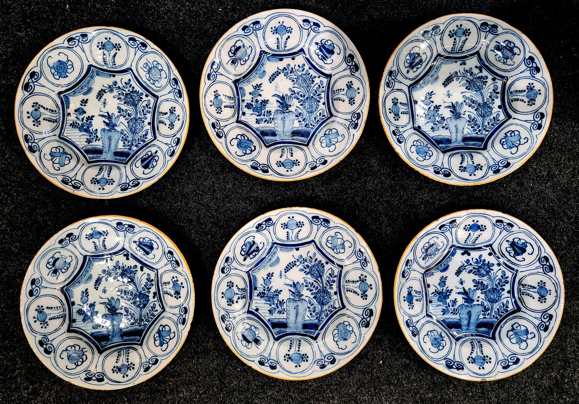 Dutch Delft Underglaze Blue & White Chinoiserie Dragonfly Plates,  Claw Factory For Sale 8