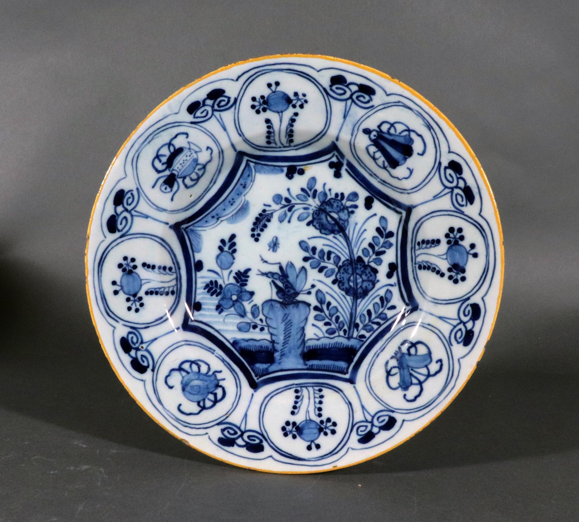 Georgian Dutch Delft Underglaze Blue & White Chinoiserie Dragonfly Plates,  Claw Factory For Sale