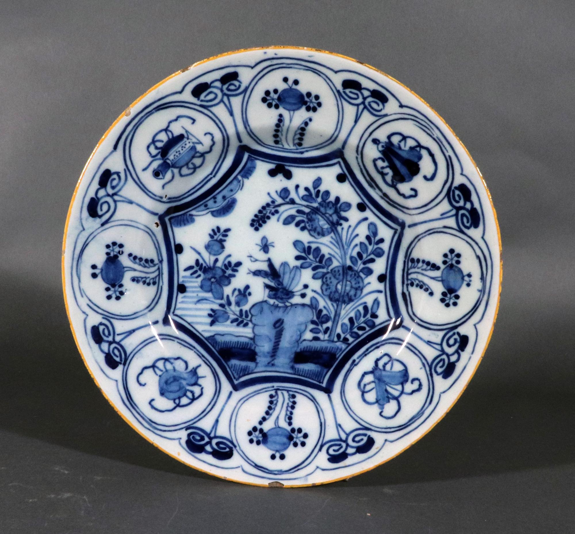 Dutch Delft Underglaze Blue & White Chinoiserie Dragonfly Plates,  Claw Factory For Sale 1