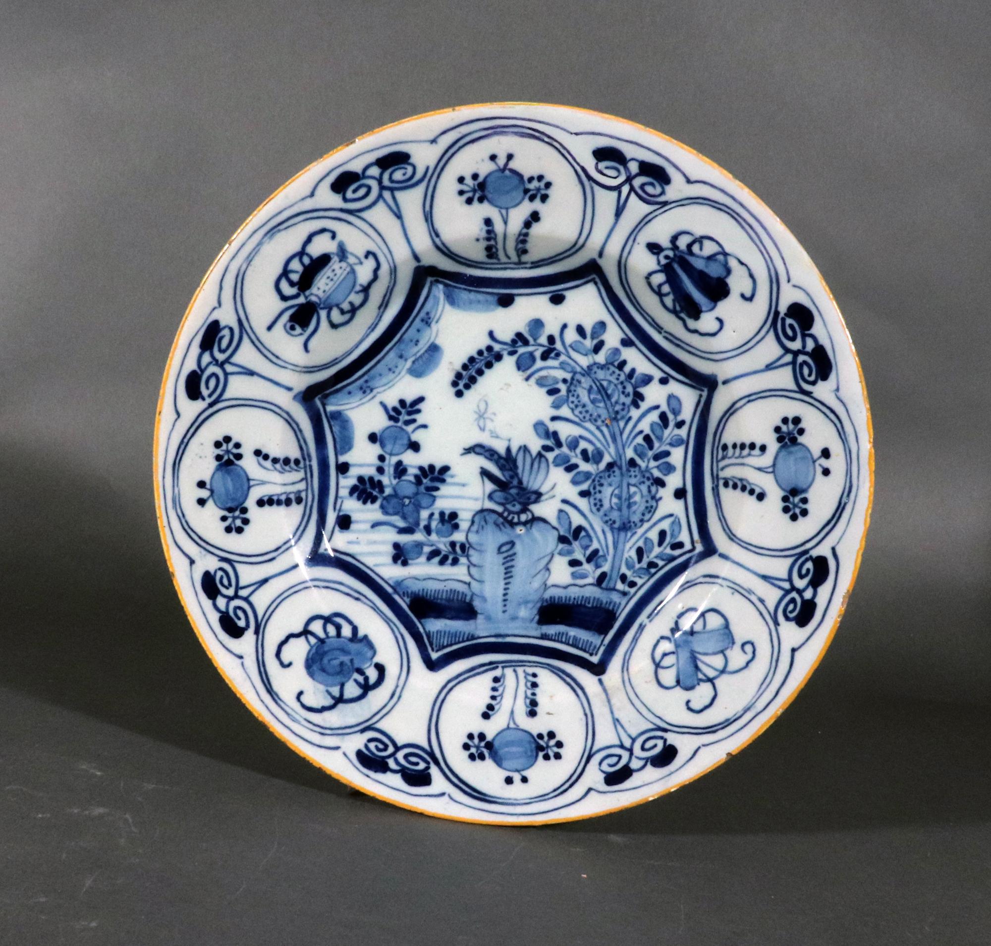Dutch Delft Underglaze Blue & White Chinoiserie Dragonfly Plates,  Claw Factory For Sale 2