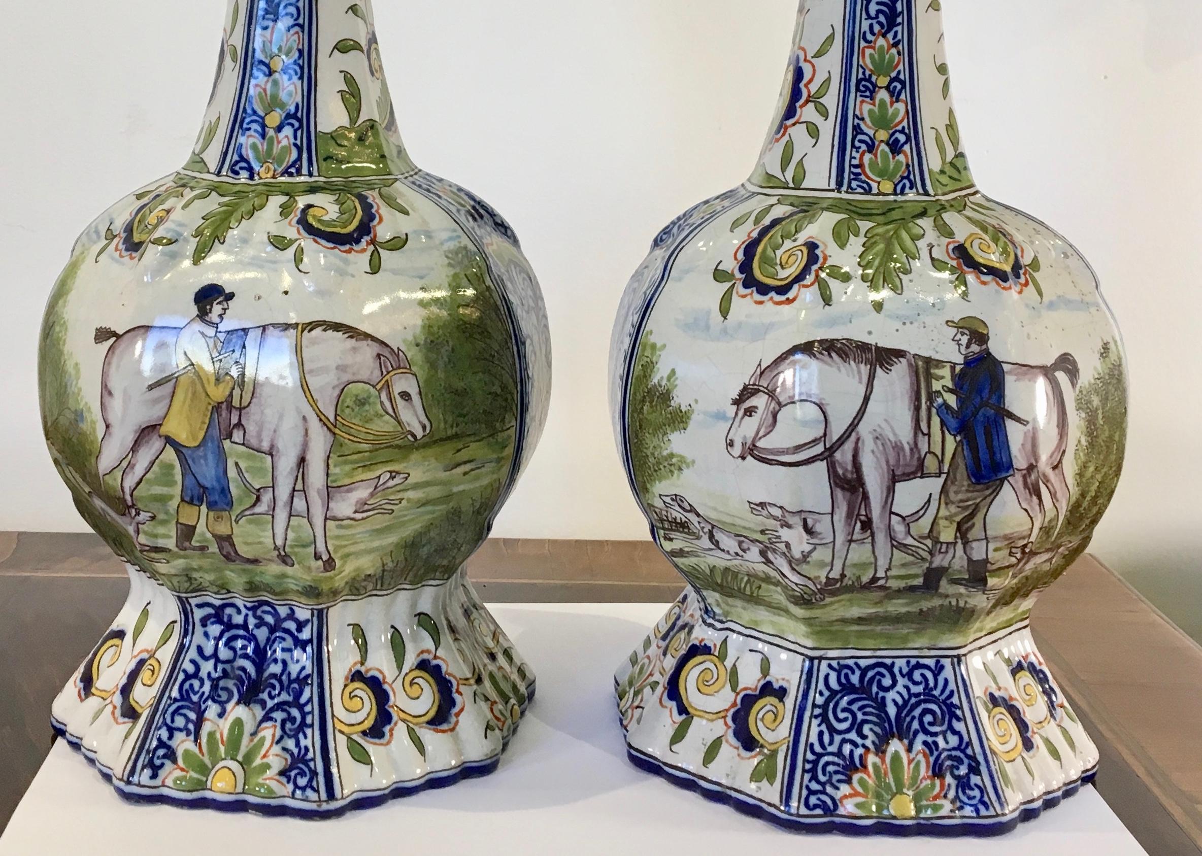 Glazed Dutch Delft Vases Equestrian Hunt Pastoral Scenes