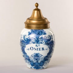 Dutch Delftware Blue & White Tobacco Jar "St. Omer" with Brass Lid