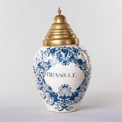 Dutch Delftware Blue & White Tobacco Jar with Brass Lid, circa 1800