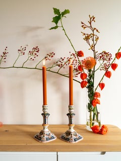 Dutch Delftware Hand-Painted Candlestick Pair, Royal Tichelaar Makkum, Mid-20th