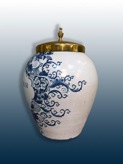 Dutch Delftware Tobacco Jar with Brass Lid, 18th Century