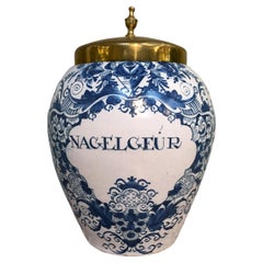 Dutch Delftware Tobacco Jar with Brass Lid, 18th Century