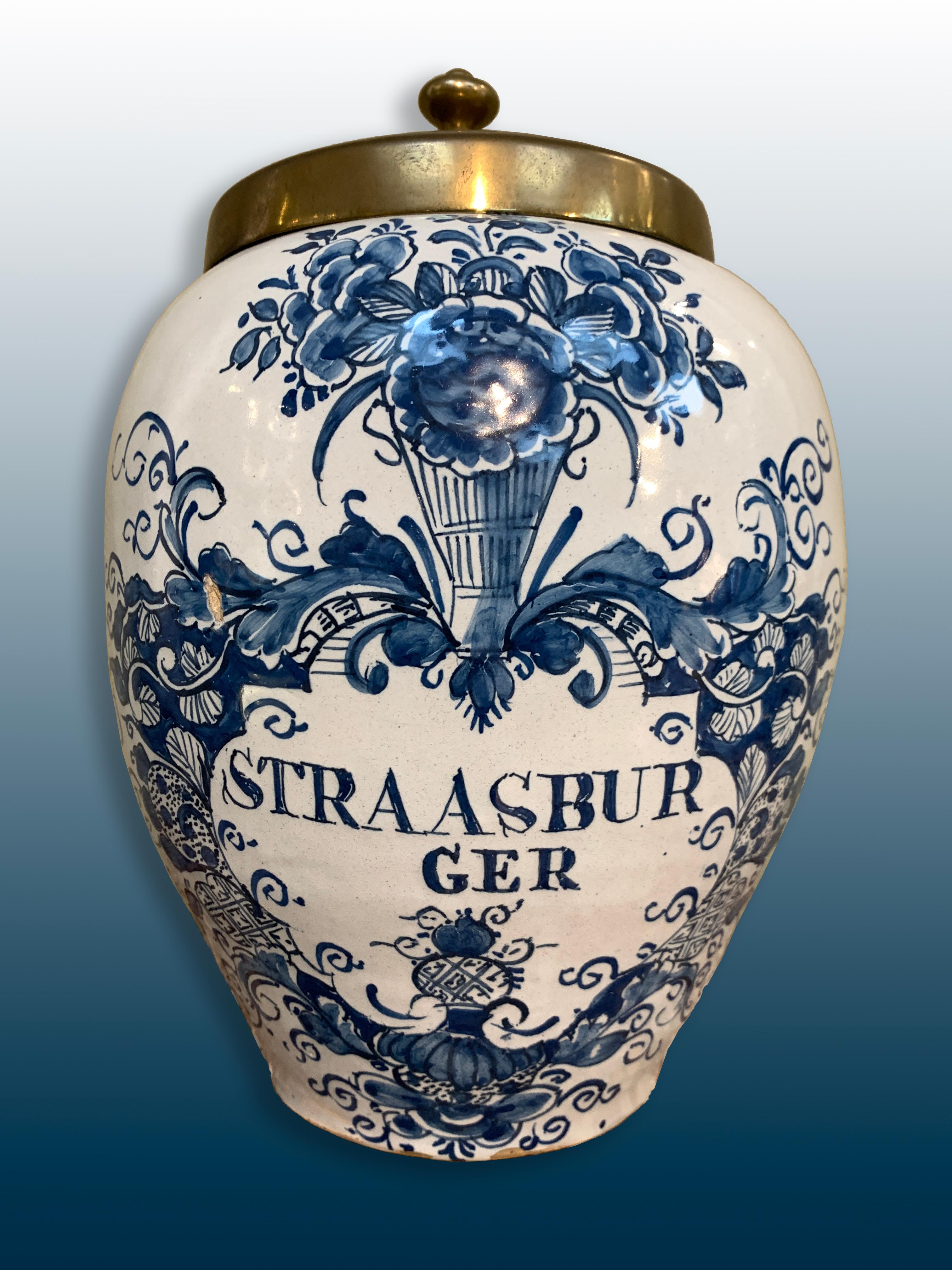 Rococo Dutch Delftware Tobacco Jar with Brass Lid, 18th Century, Straatsburg For Sale