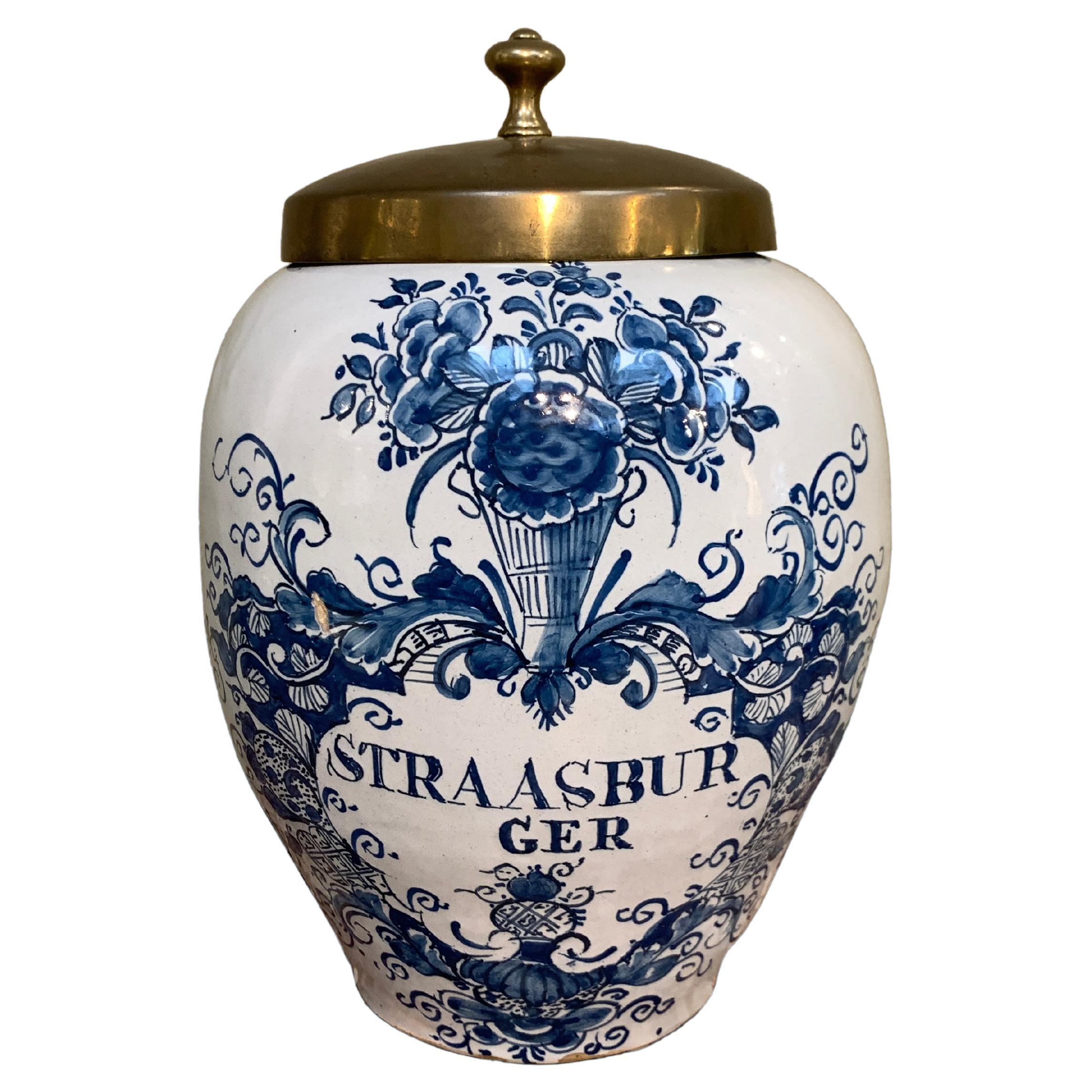 Dutch Delftware Tobacco Jar with Brass Lid, 18th Century, Straatsburg For Sale