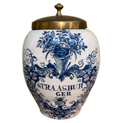 Antique Dutch Delftware Tobacco Jar with Brass Lid, 18th Century, Straatsburg