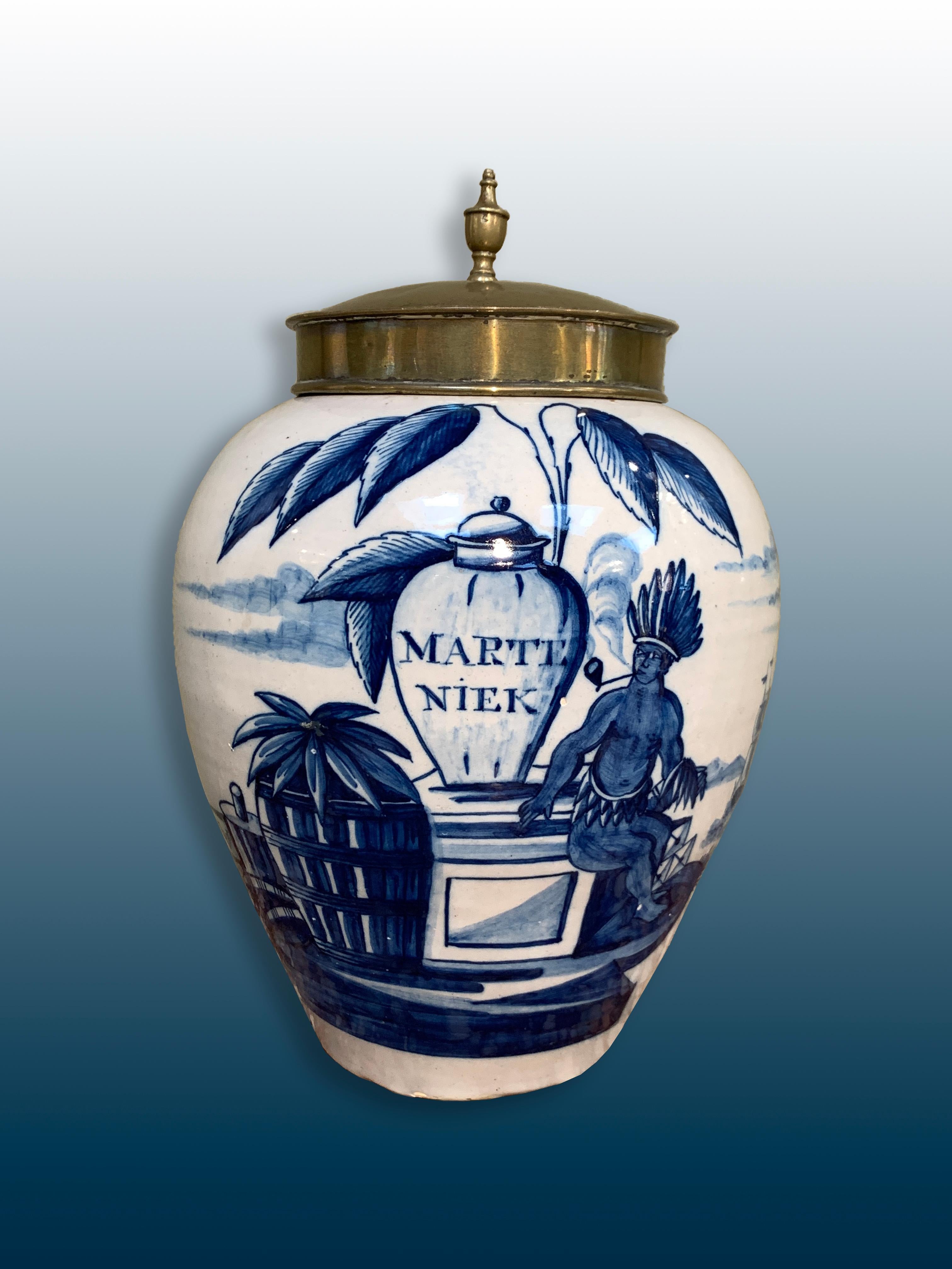A Dutch Delftware VOC Tobacco jar with a brass lid. 

Origine: Delft, The Netherlands
Date: Second half of the 18th Century
Workshop: De Vergulde Blompot (The gilded flower pot).
Marked BP

A genuine blue and white tobacco jar for the storage