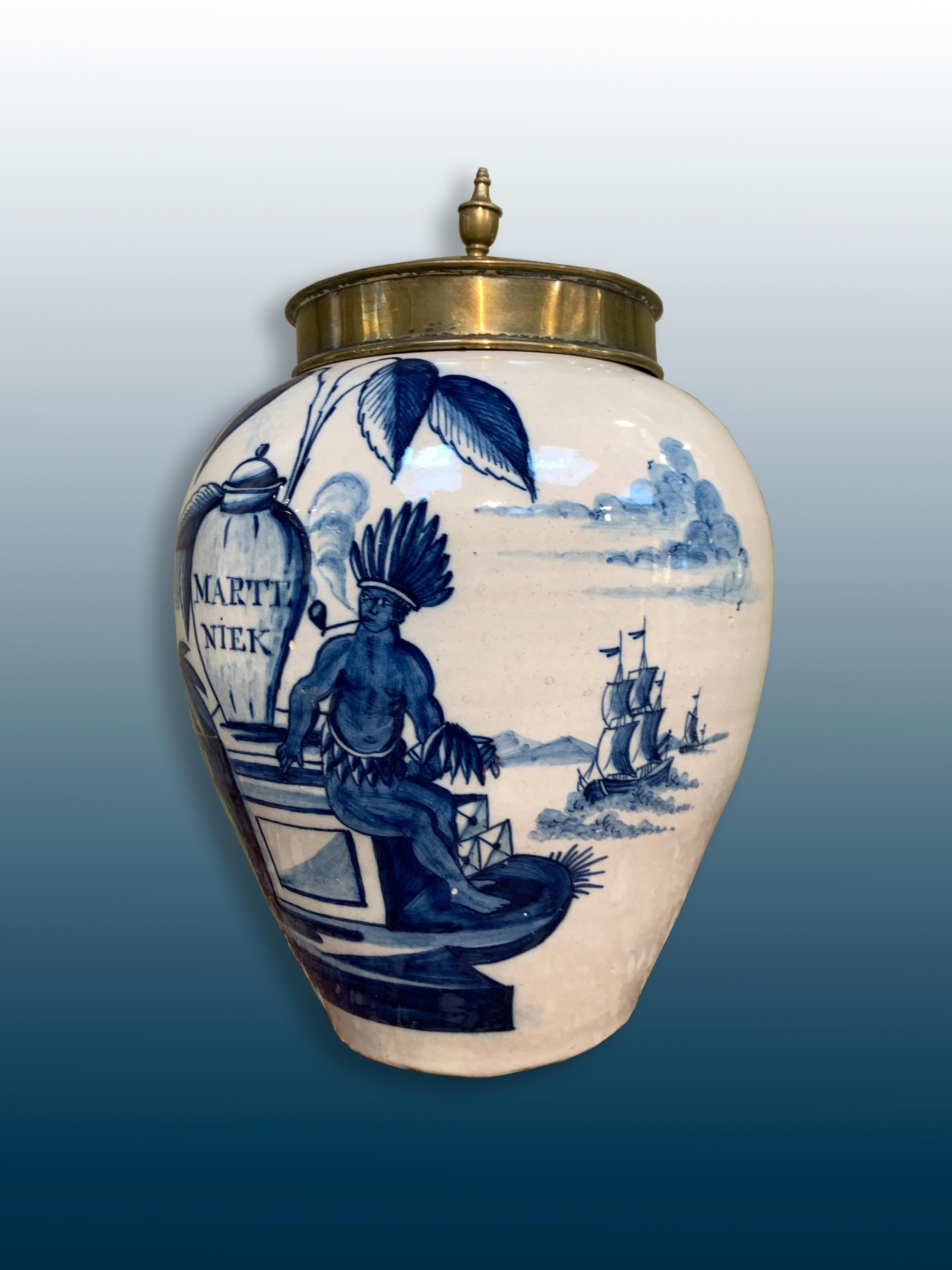 Rococo Dutch Delftware VOC Tobacco Jar with Brass Lid, 18th Century
