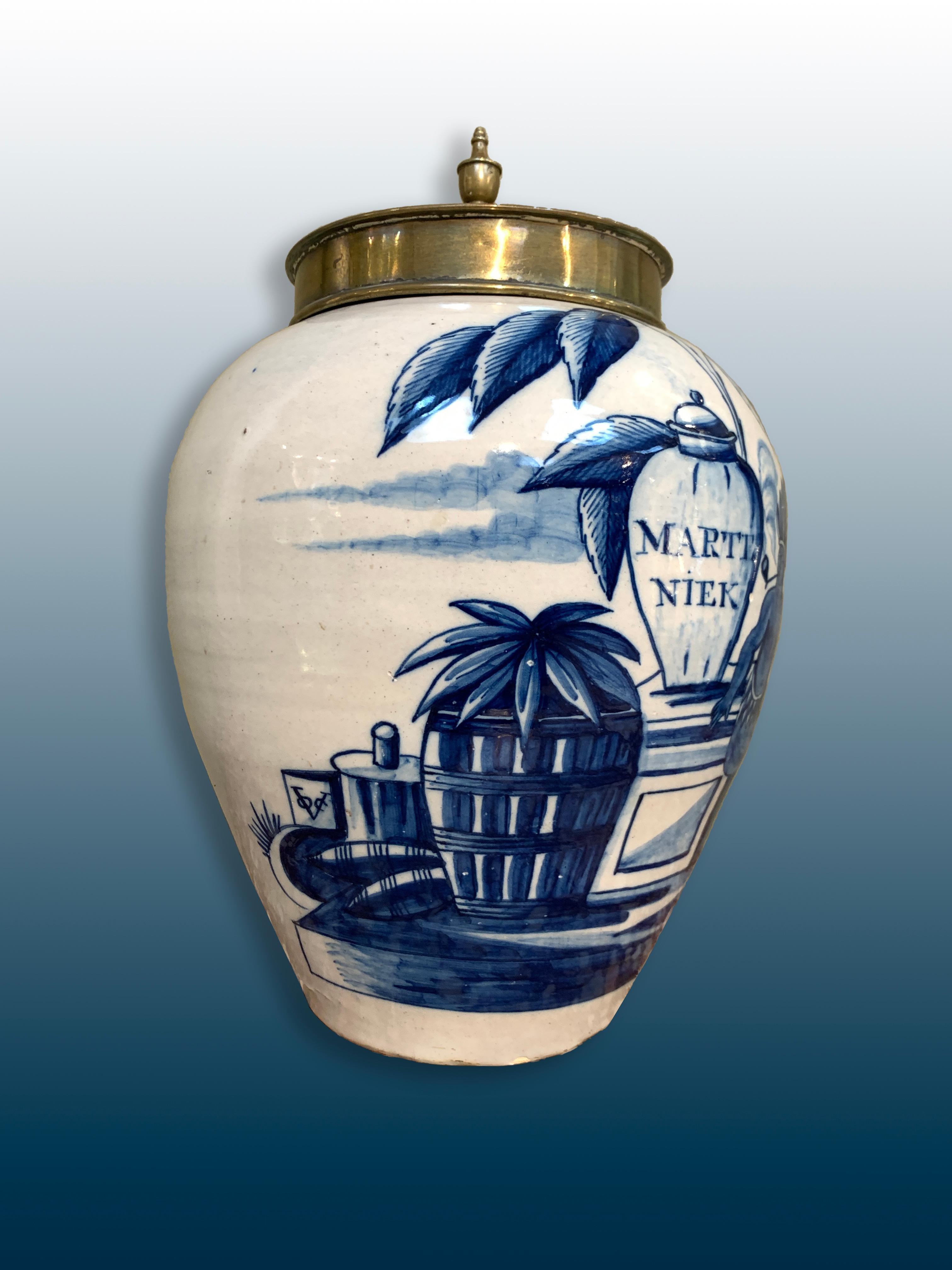 Fired Dutch Delftware VOC Tobacco Jar with Brass Lid, 18th Century