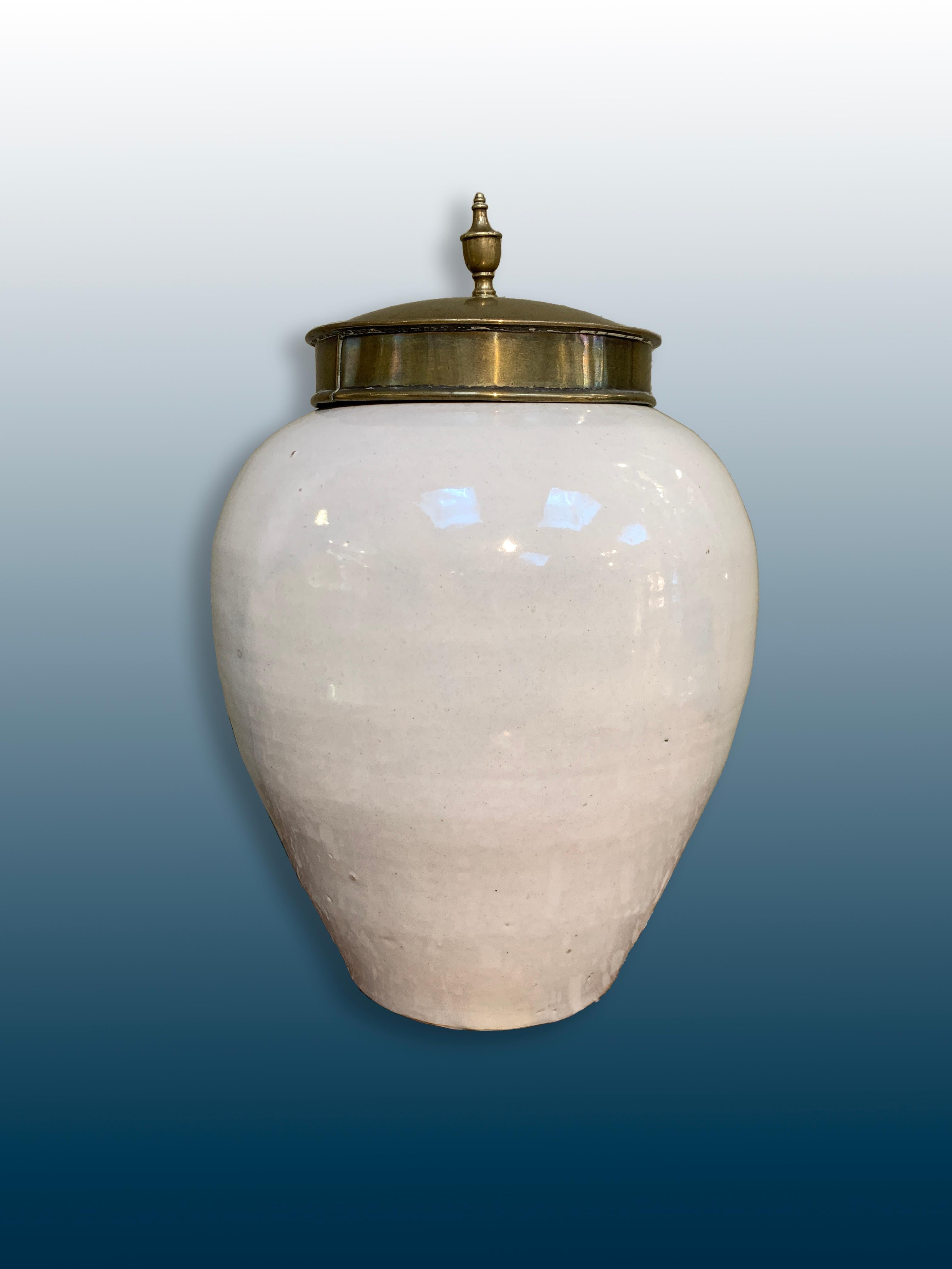 Ceramic Dutch Delftware VOC Tobacco Jar with Brass Lid, 18th Century