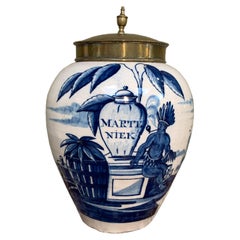 Antique Dutch Delftware VOC Tobacco Jar with Brass Lid, 18th Century