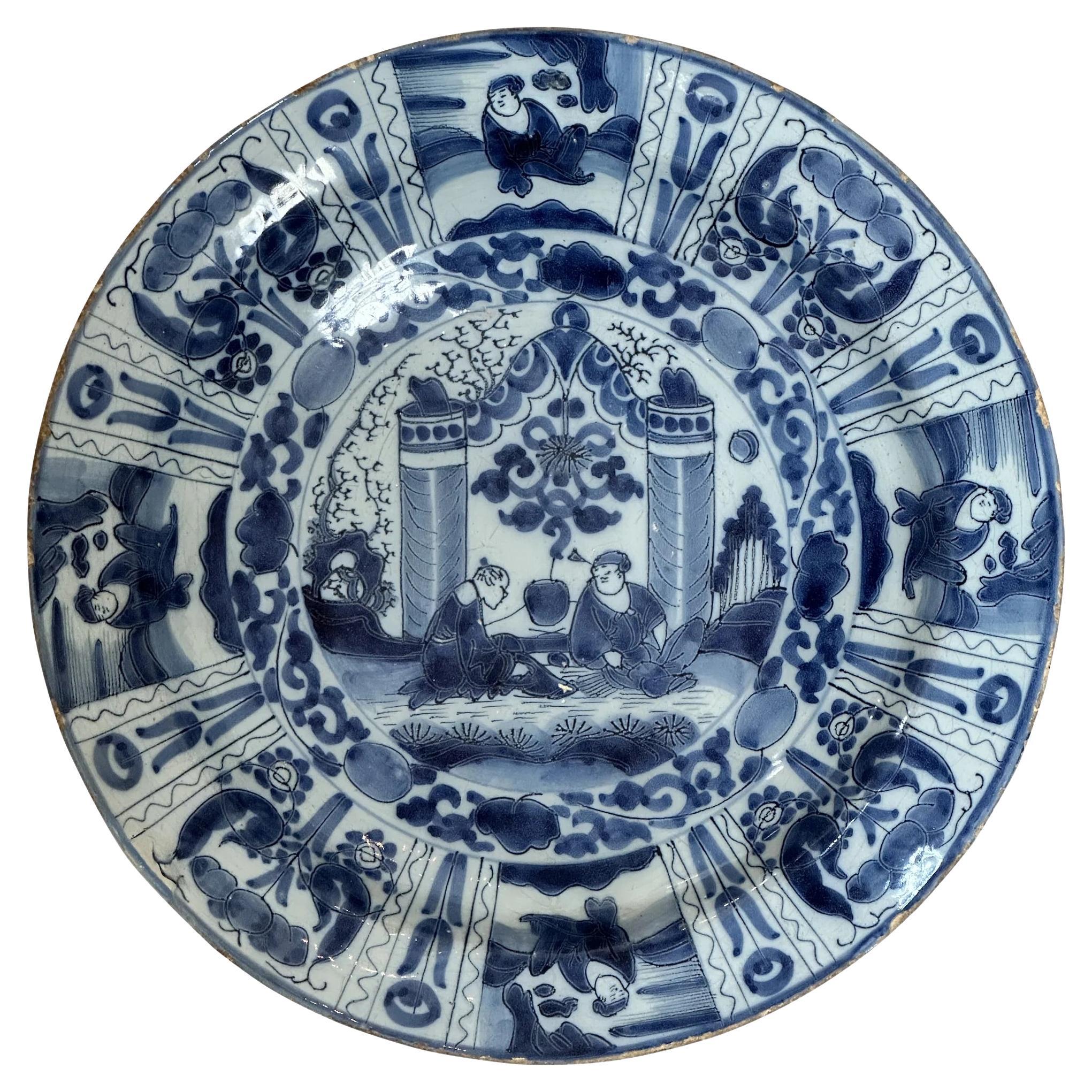 Dutch Delftware Wanli-Style Blue and White Charger, 17th Century. For Sale