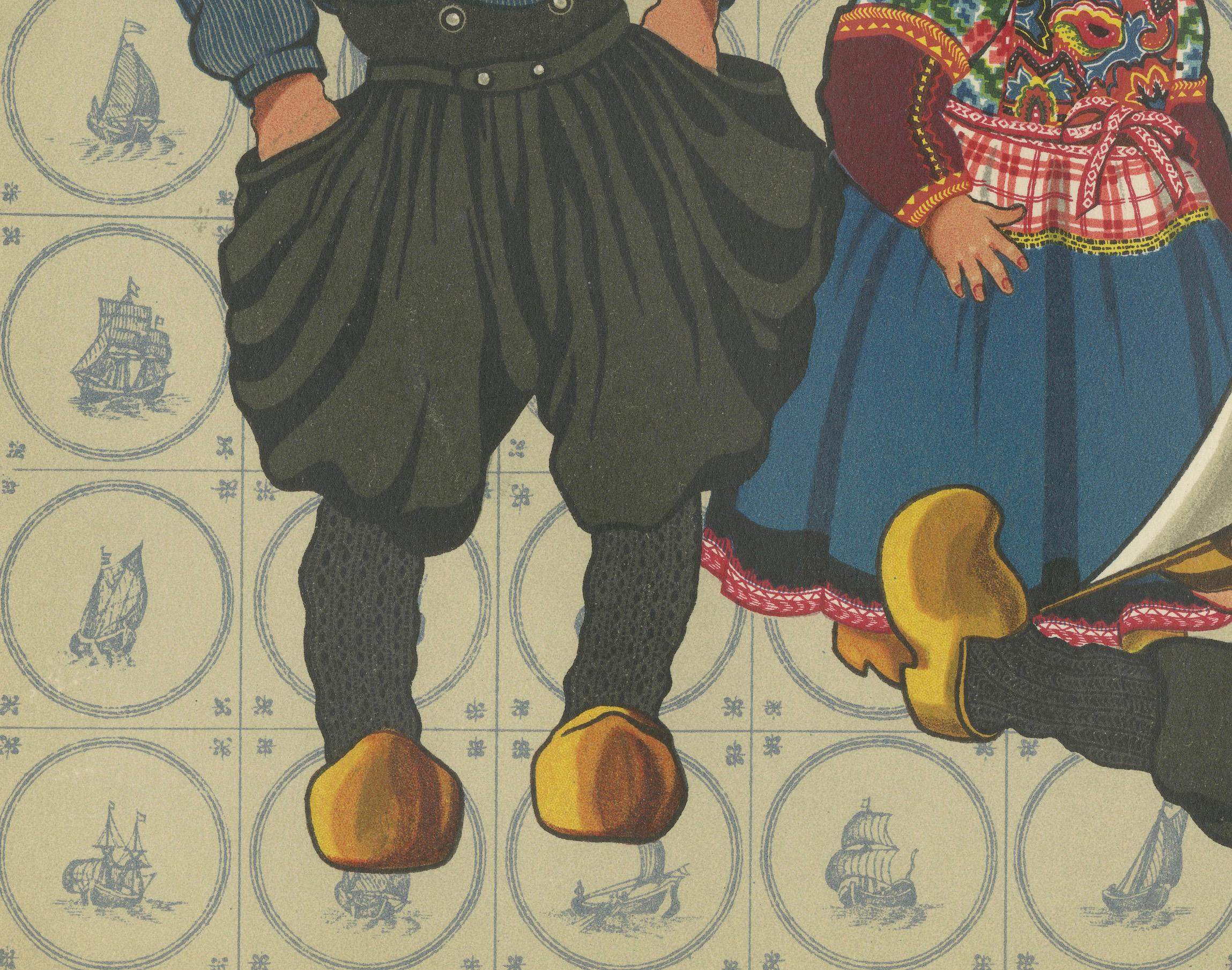 Marken Kindheits-Traditionen: Niederländische Jungen und Mädchen in Festtagskostümen

Diese originale handkolorierte Lithographie aus dem seltenen Folianten *Die Nationaltrachten Hollands* von 1932 zeigt vier Kinder von der Insel Marken, die in