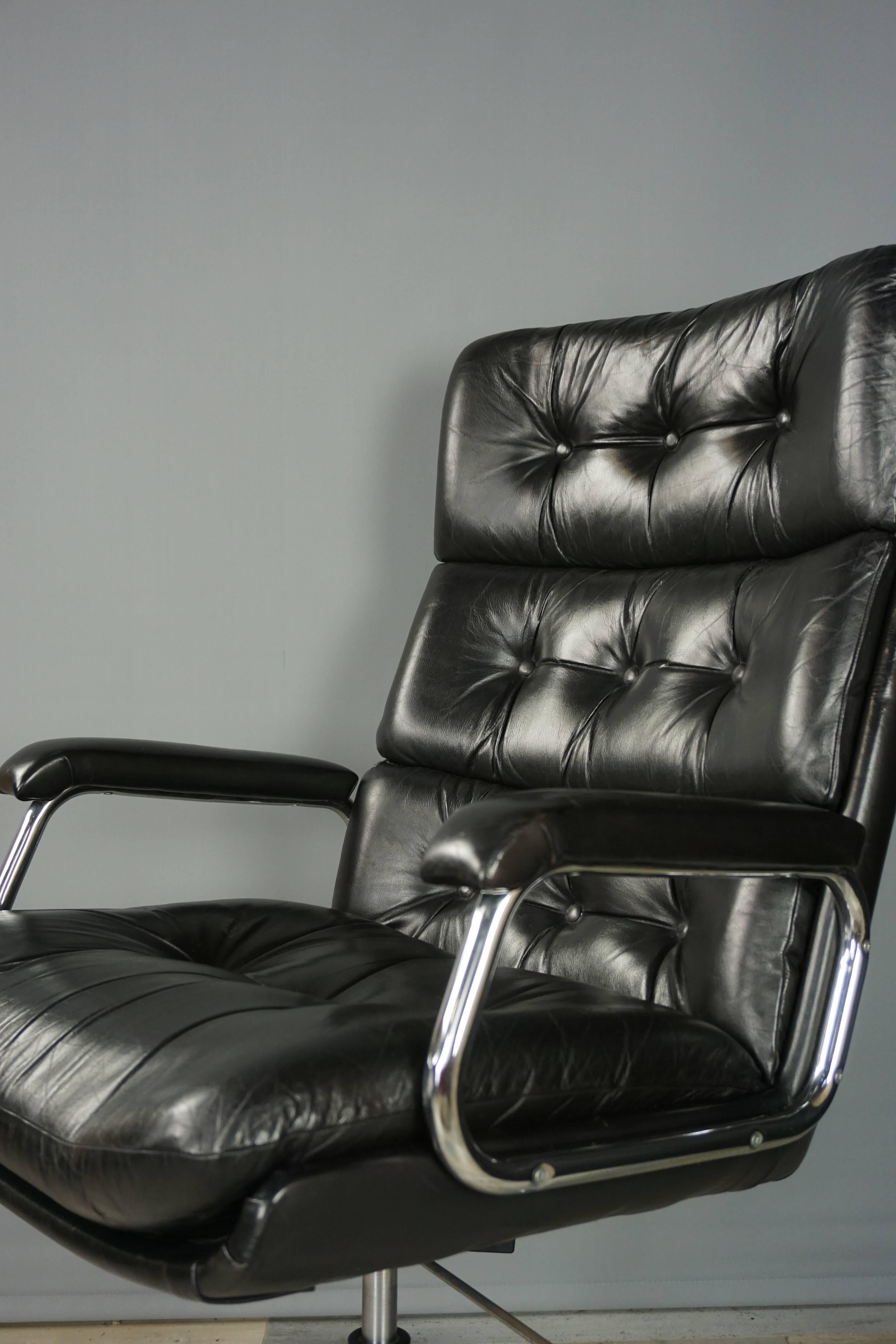 Mid-Century Modern Dutch Design and Black Leather Office Armchair