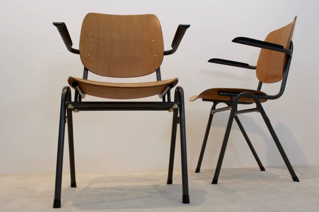 Very comfortable industrial plywood chairs, produced in Holland in the 1960s. These Dutch design chairs have a dark gray / black tubular metal frame and beautifully curved plywood seats and backrests. All with armrests made from bakelite and also