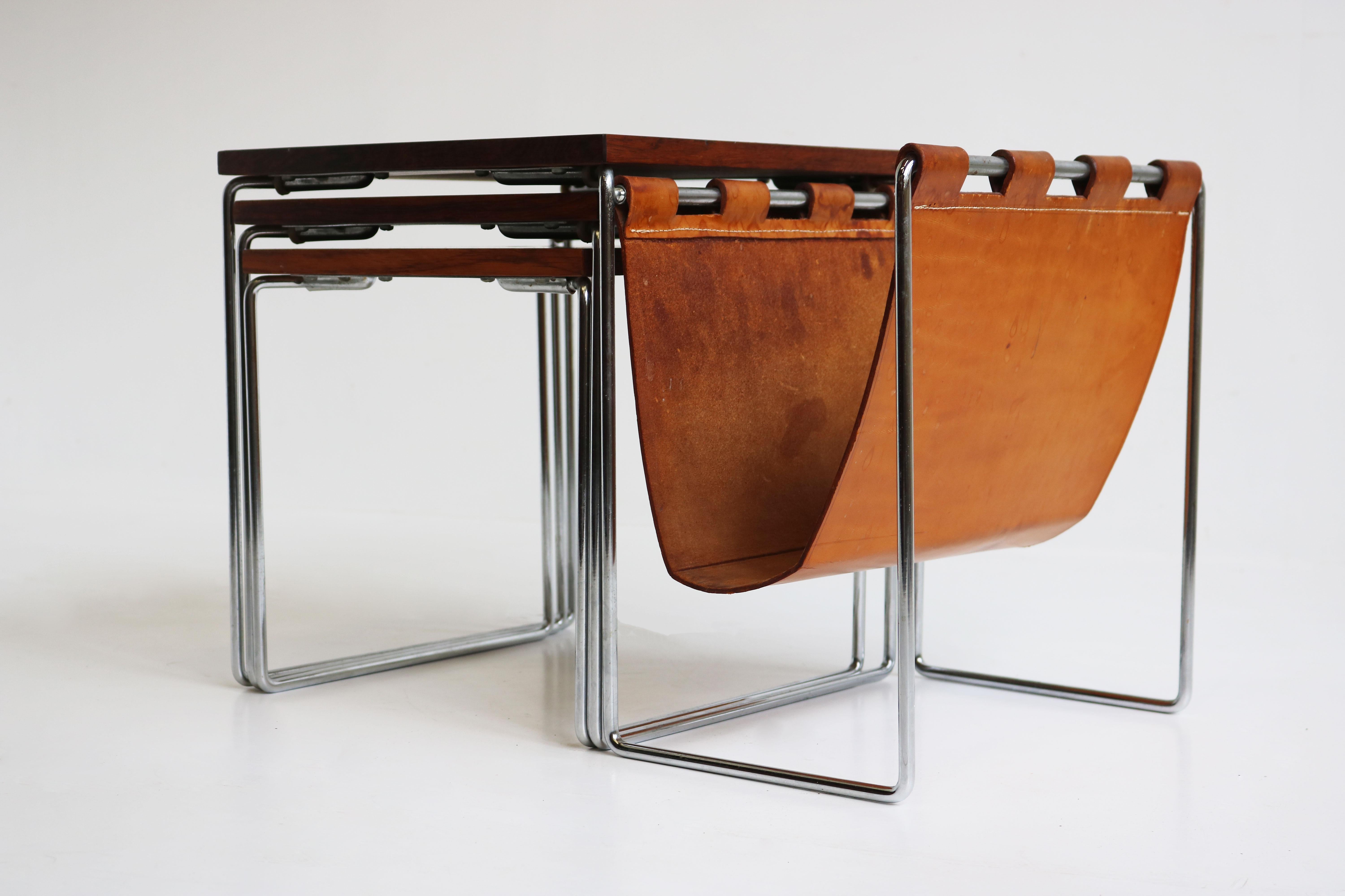 Dutch Design Nesting Tables Magazine Holder by Brabantia Chrome Leather Rosewood 7