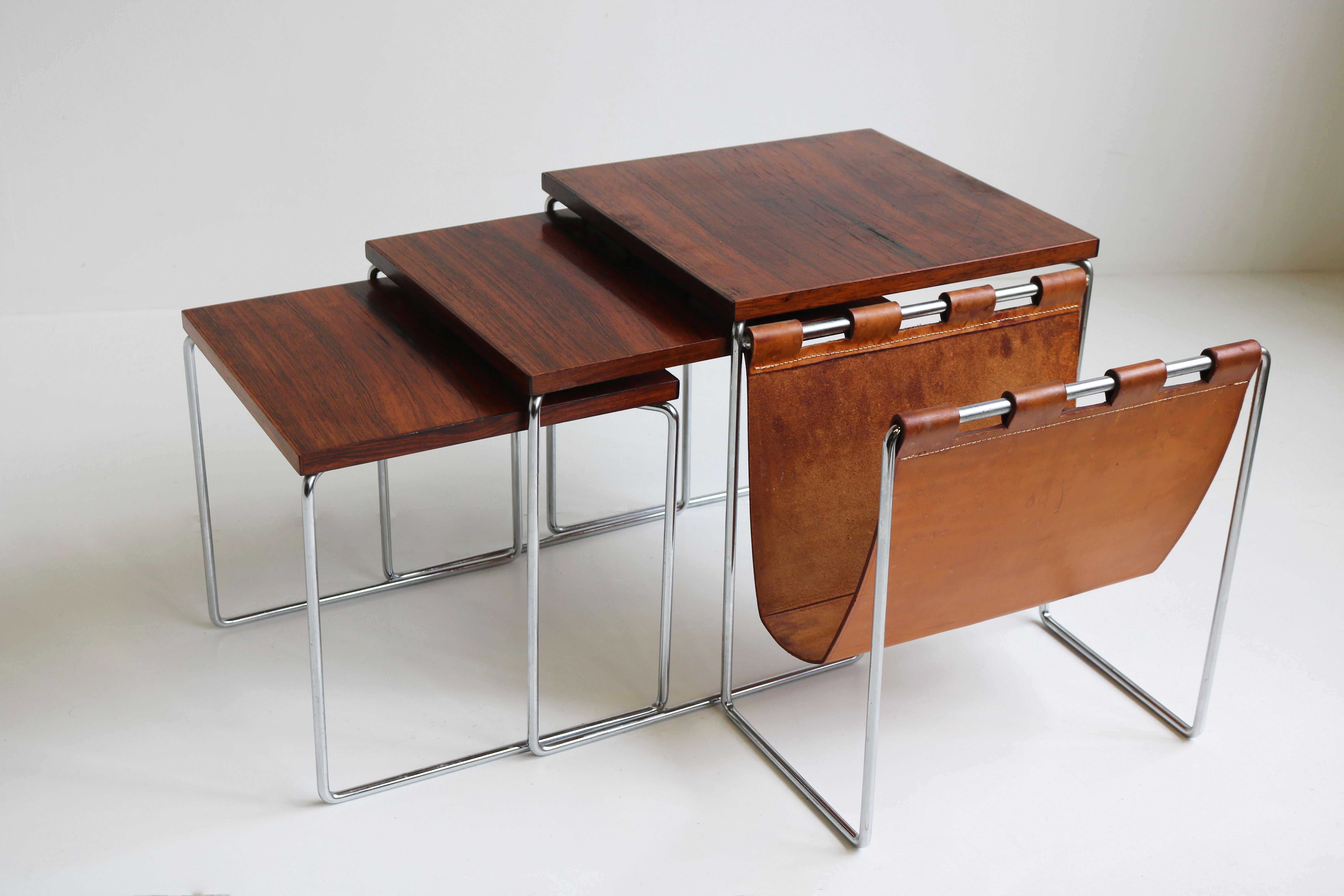 Mid-Century Modern Dutch Design Nesting Tables Magazine Holder by Brabantia Chrome Leather Rosewood