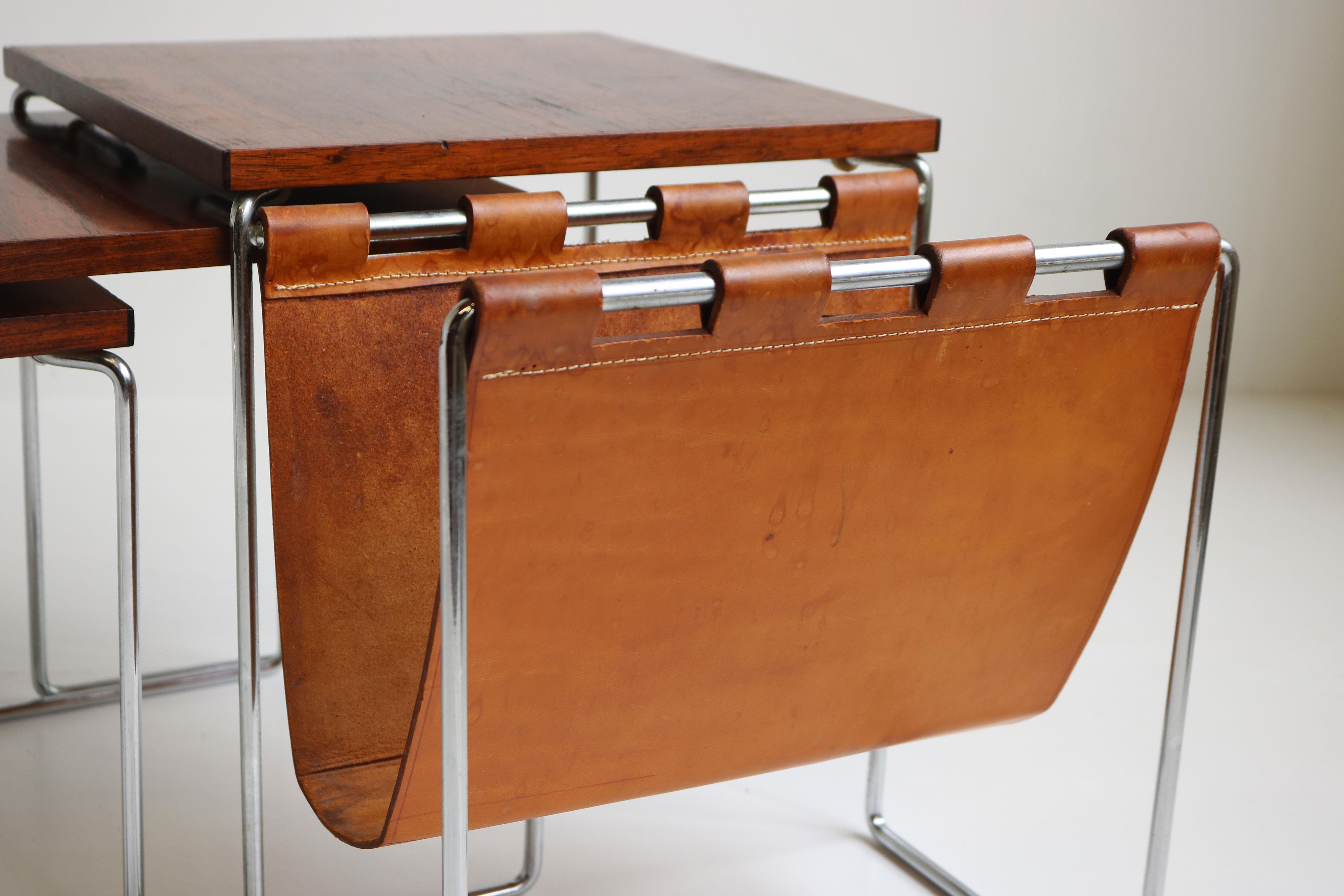 Mid-20th Century Dutch Design Nesting Tables Magazine Holder by Brabantia Chrome Leather Rosewood