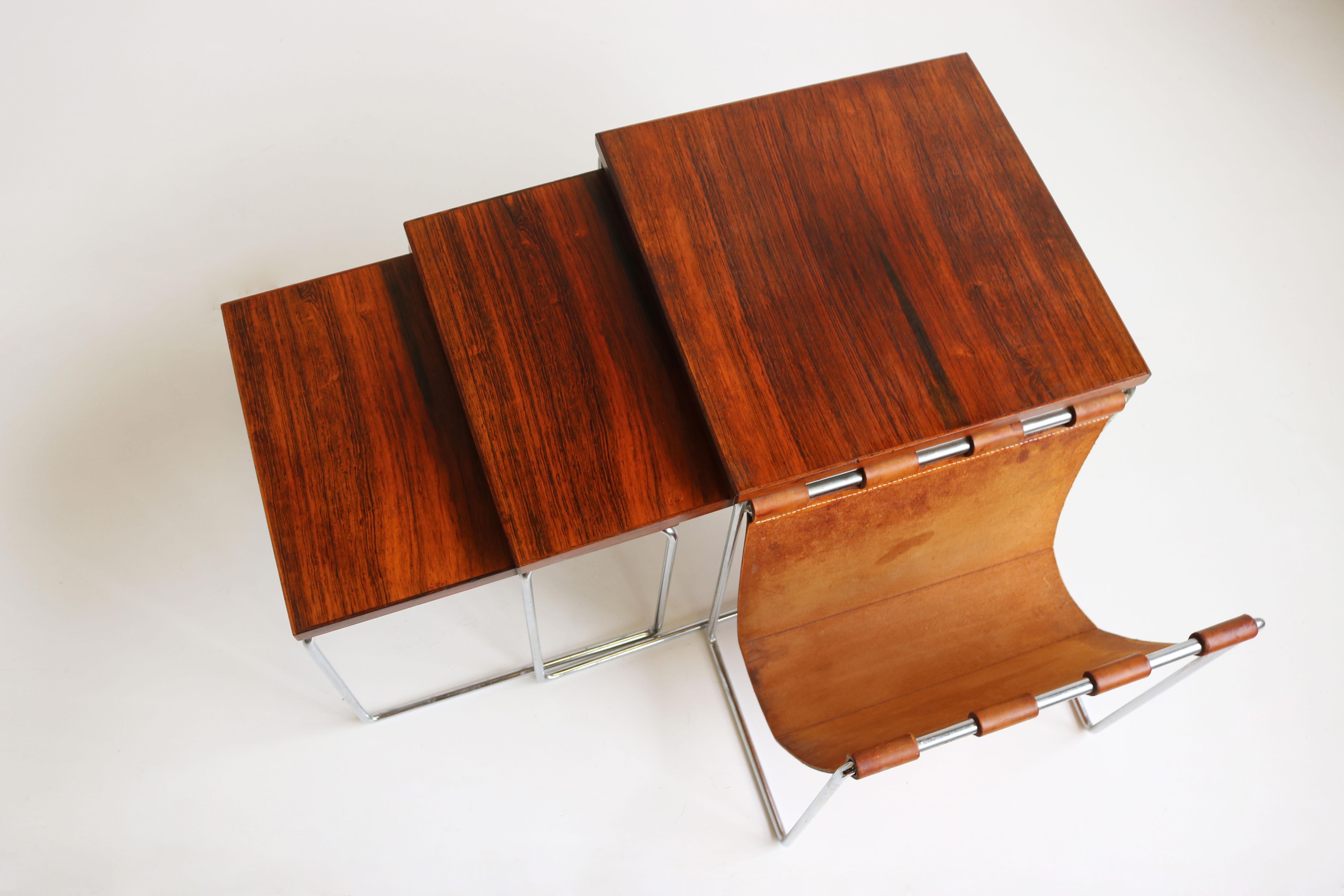 Dutch Design Nesting Tables Magazine Holder by Brabantia Chrome Leather Rosewood 2