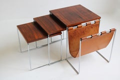 Vintage Dutch Design Nesting Tables Magazine Holder by Brabantia Chrome Leather Rosewood