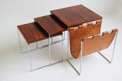 Porte-revues de tables gigognes en cuir chromé et bois de rose de conception néerlandaise par Brabantia