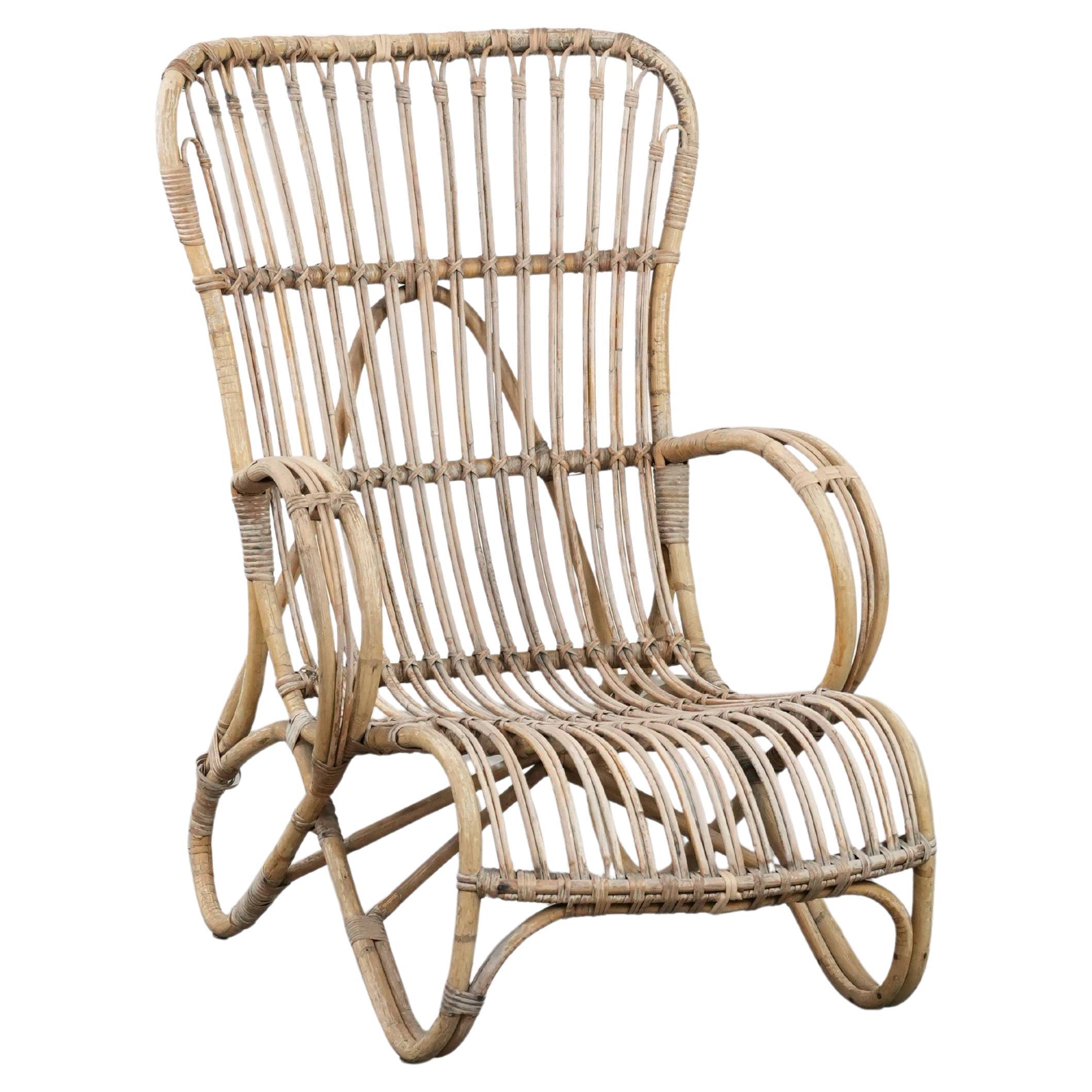 Dutch design rattan armchair from the 1950s with a high back For Sale