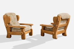Designer néerlandais, fauteuils de salon, chêne, tissu, Pays-Bas, 1970