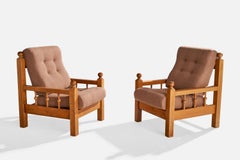 Dutch Designer, Lounge Chairs, Oak, Fabric, Netherlands, 1970s