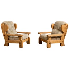 Designer néerlandais, fauteuils de salon, chêne, tissu, Pays-Bas, 1970
