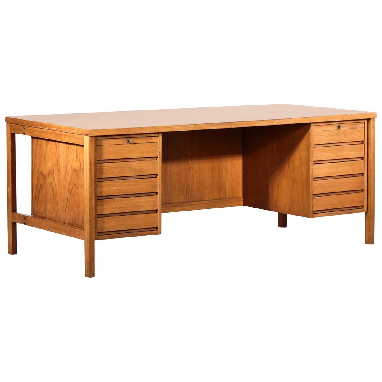 Dutch Desk in the Style of Jules Wabbes, 1970s Architect Teak Vintage