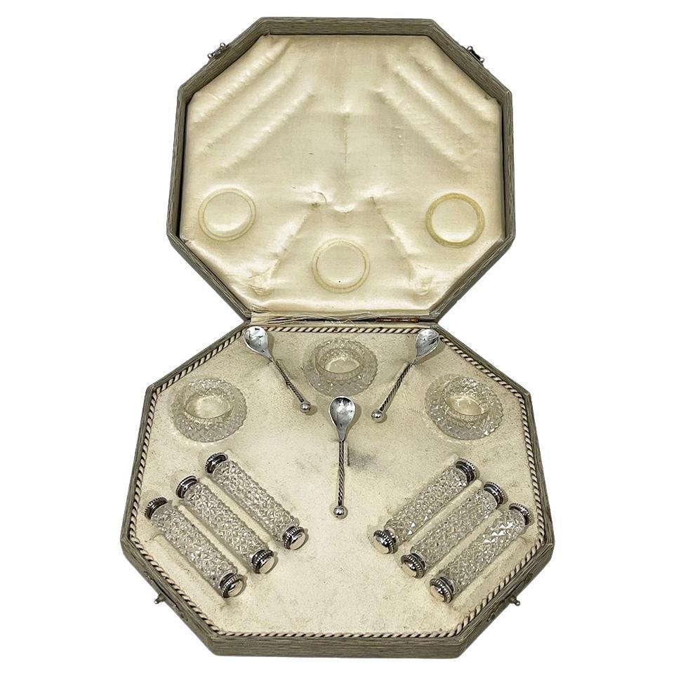 Dutch diamant cut crystal and silver set of knife rests with salt cellars, 1880