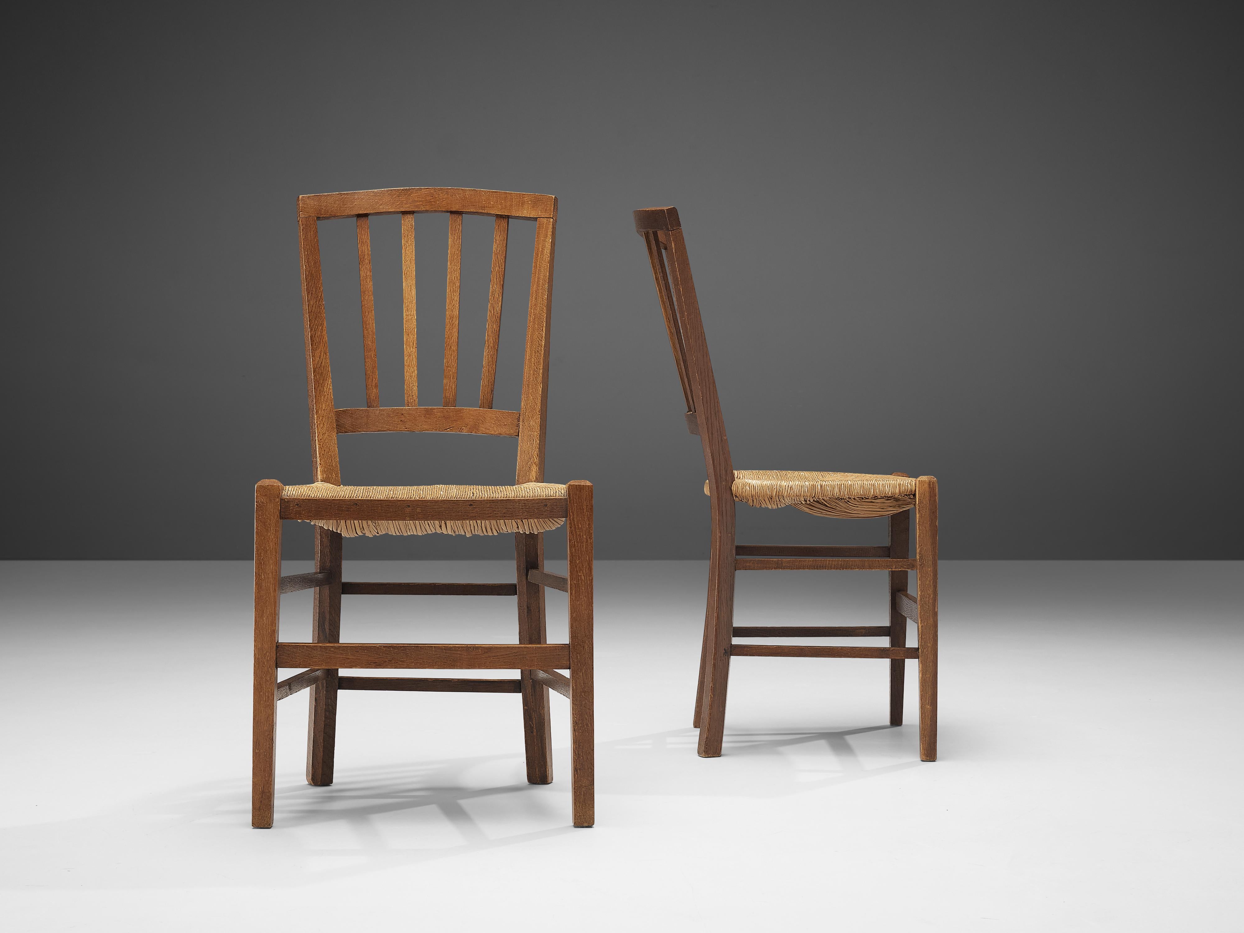 Dutch Dining Chairs in Stained Oak and Paper Cord Seating In Good Condition In Waalwijk, NL
