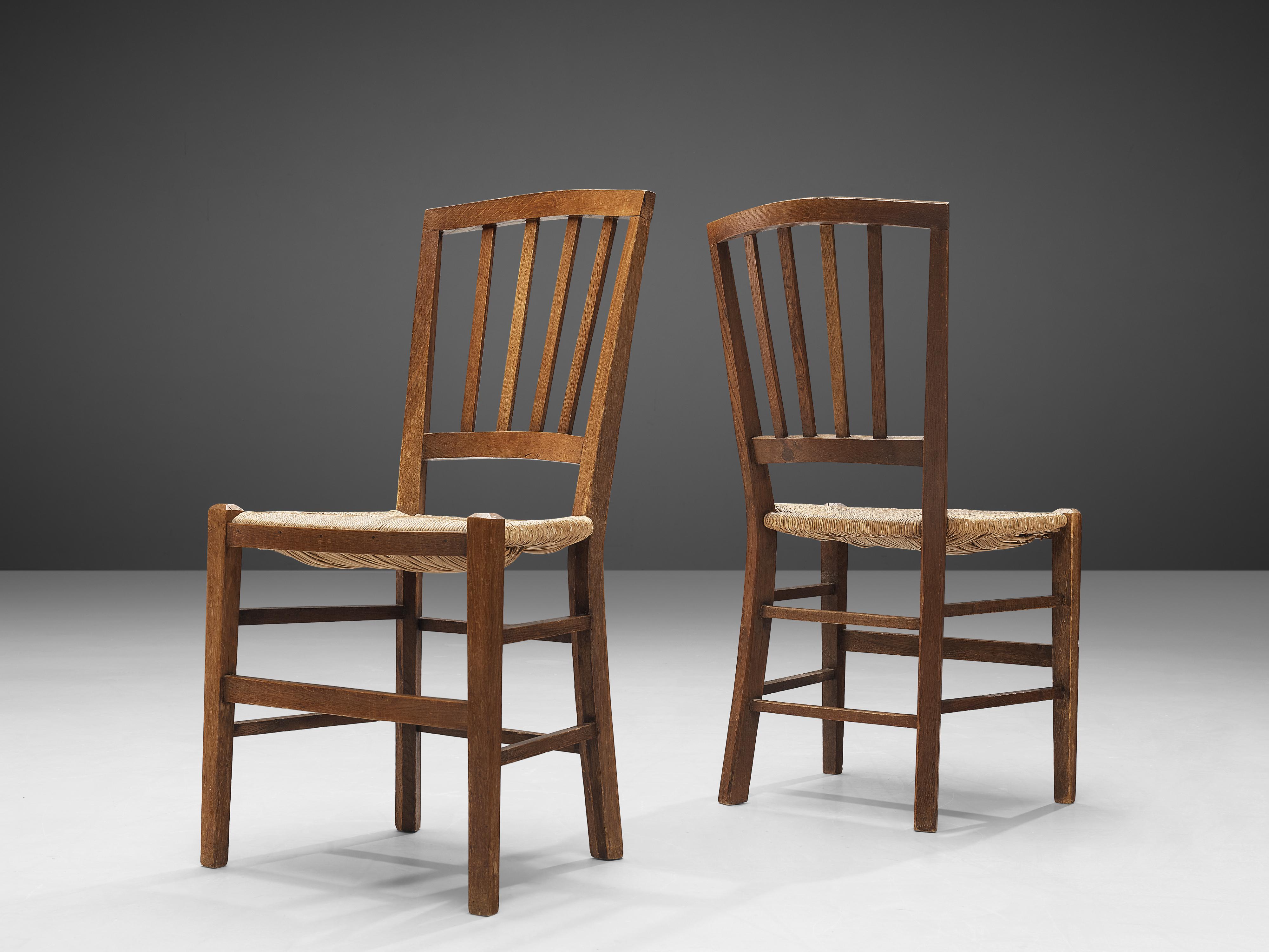 Mid-20th Century Dutch Dining Chairs in Stained Oak and Paper Cord Seating