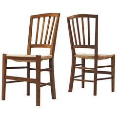 Retro Dutch Dining Chairs in Stained Oak and Paper Cord Seating