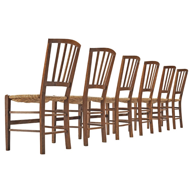 Dutch Dining Chairs in Stained Oak and Paper Cord Seating For Sale
