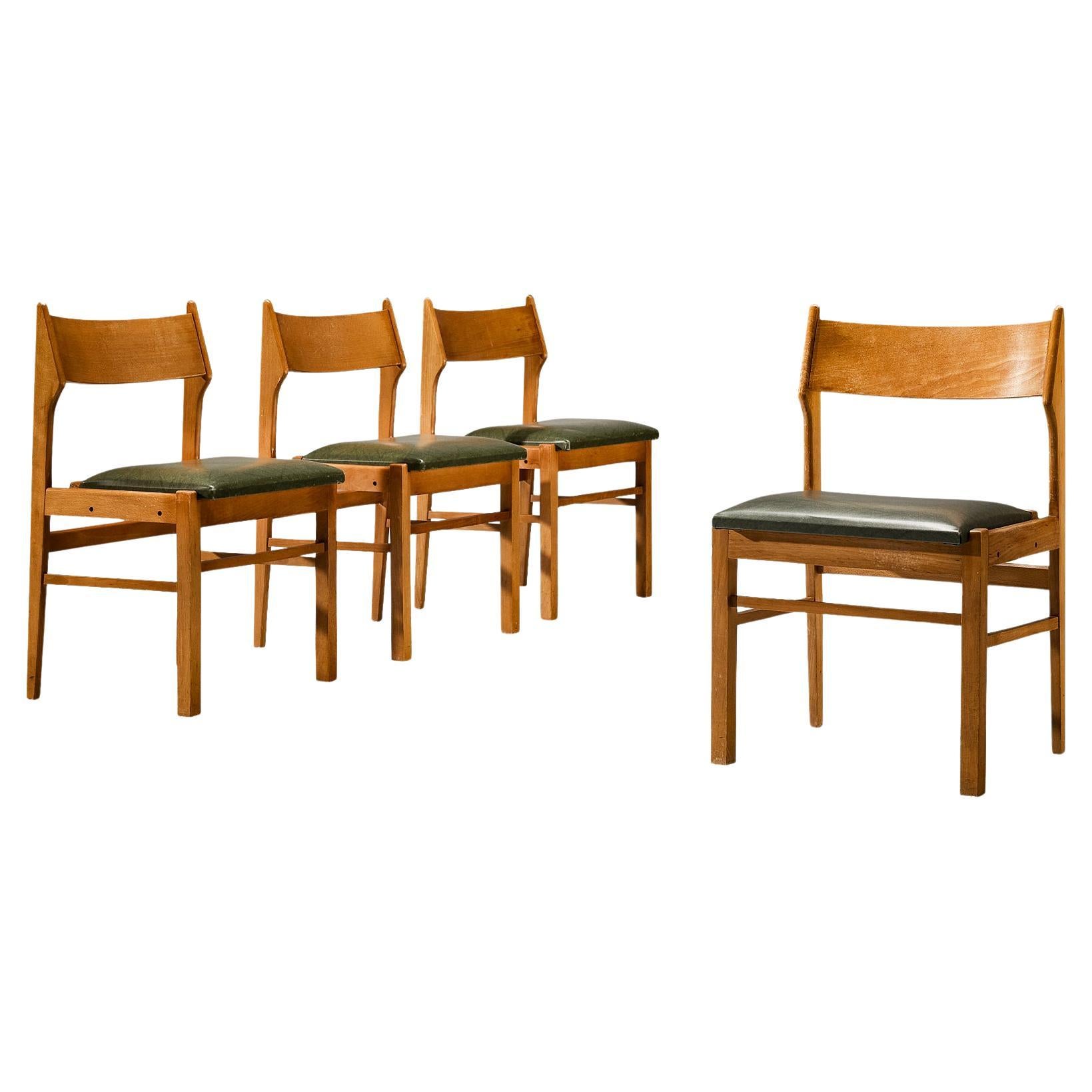 Niederländische Esszimmerstühle aus Holz und grünem Leder  im Angebot