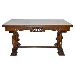 Dutch Draw Leaf Dining Table with Parquet Top and Carved Peasant Legs