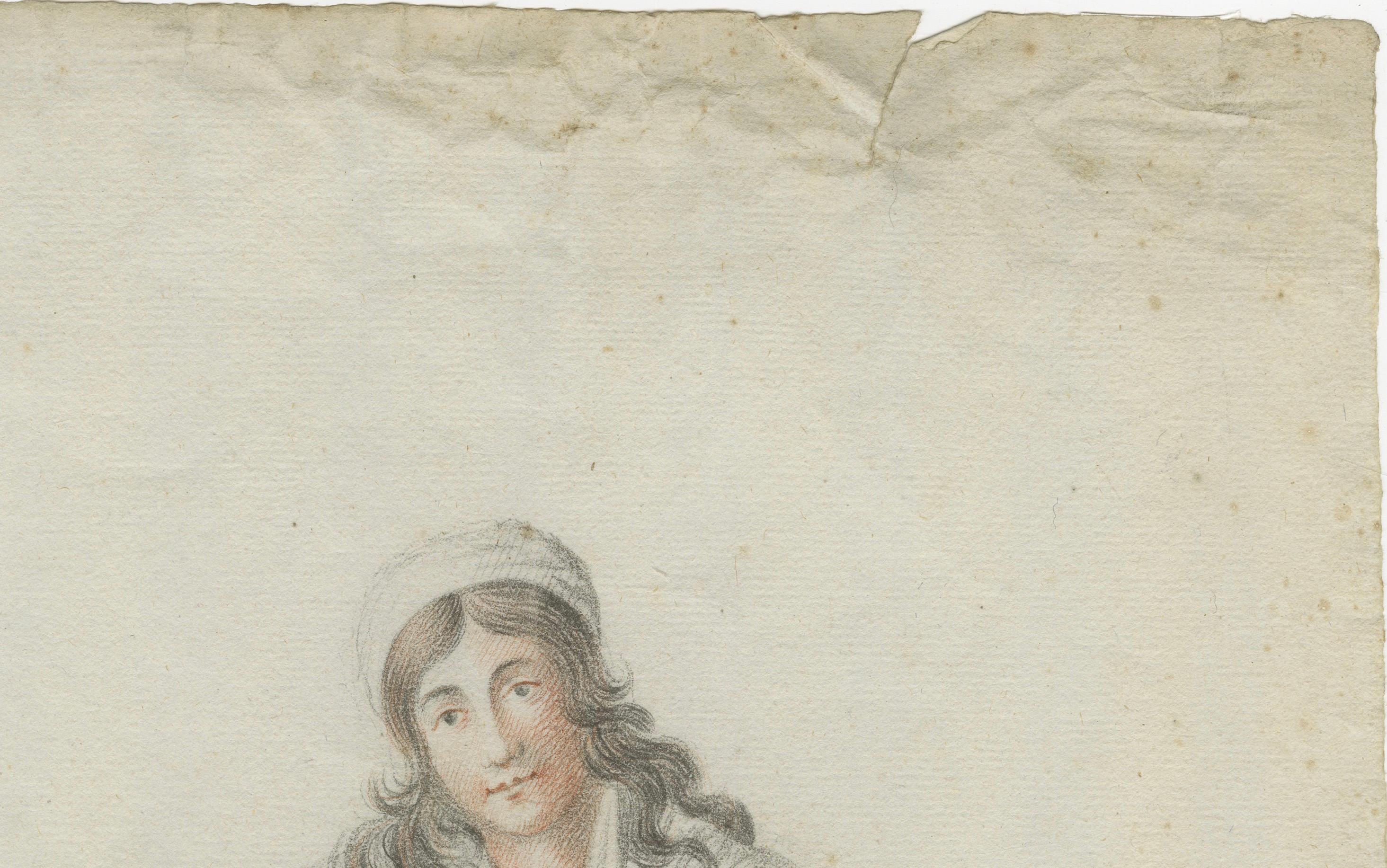Dutch Drawing of a Standing Woman with Staff – Attributed to Verburgh, 1797

Description:
A finely drawn early 19th-century figure study of a young barefoot woman leaning casually against a rectangular pillar, holding a long staff or rod in her