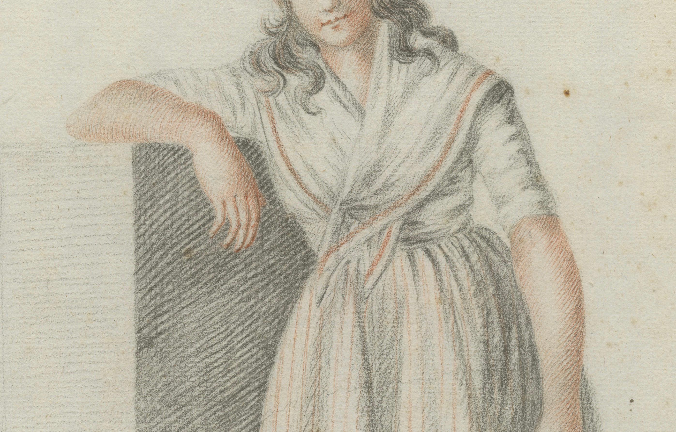 Paper Dutch Drawing of a Standing Woman with Staff – Attributed to Verburgh, 1797 For Sale