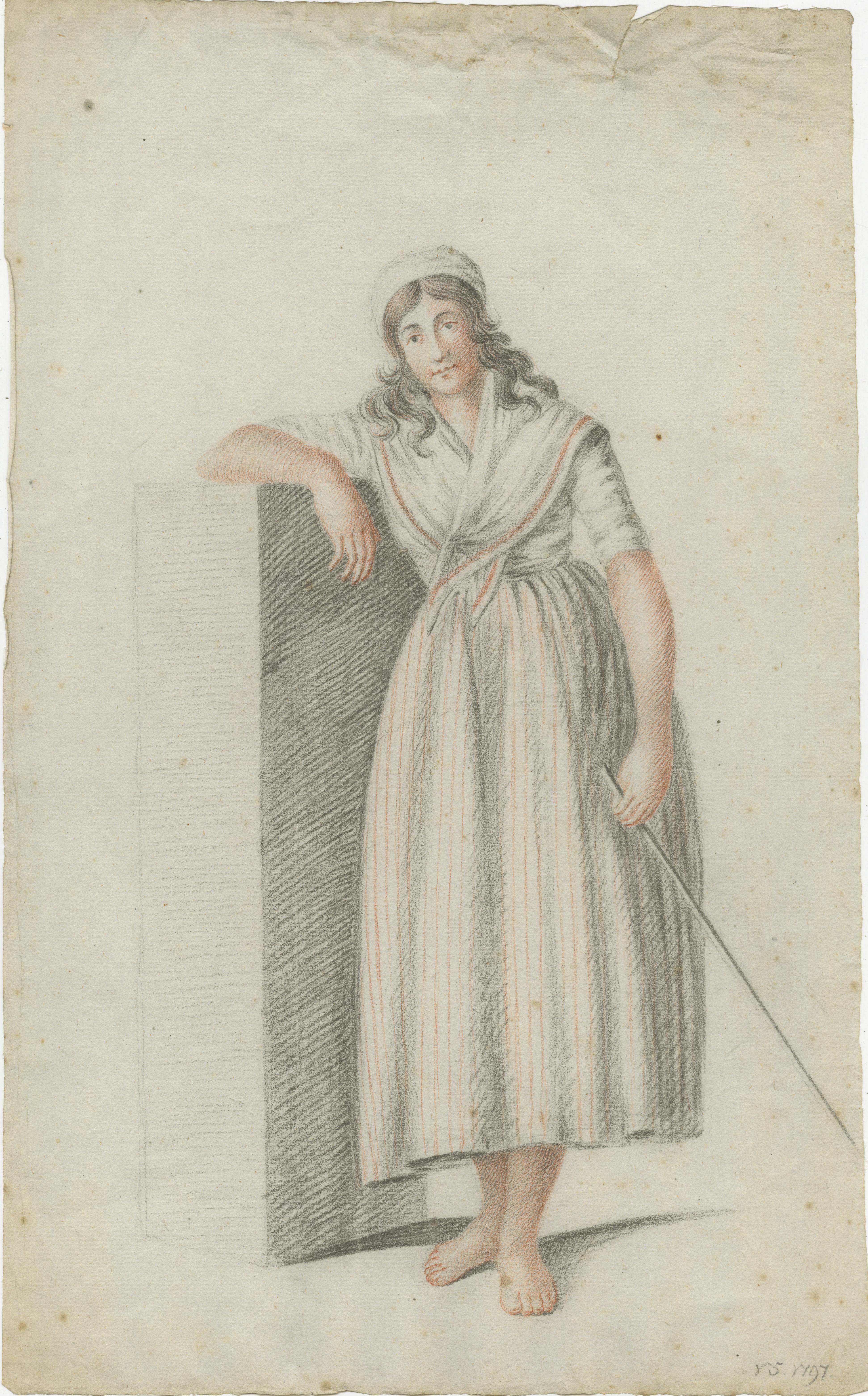 Dutch Drawing of a Standing Woman with Staff – Attributed to Verburgh, 1797 For Sale 3