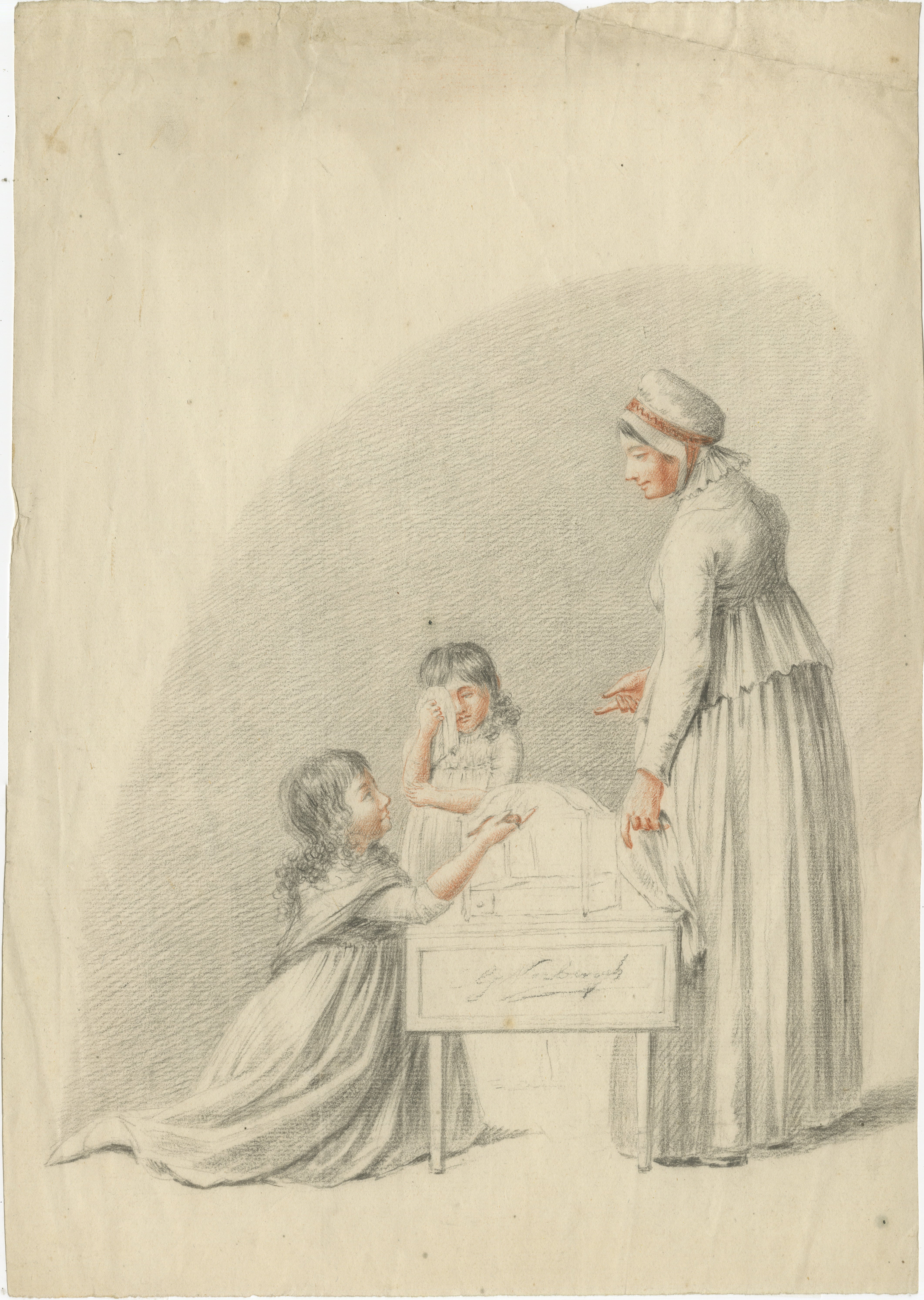Dutch Drawing of Children Around a Cradle – Signed G. Verburgh, c.1800

Description:
Charming early 19th-century drawing depicting a tender domestic scene with two children and a woman gathered around a cradle. One child appears to cry or rub her